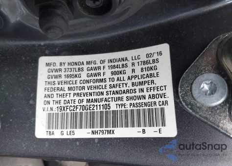 2016 Honda Civic Ex z USA, uszkodzony, nr VIN 19XFC2F70GE211105